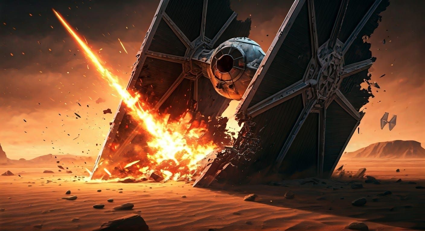 Imperial TIE Fighter exploding at crashlanded on Tattoine 