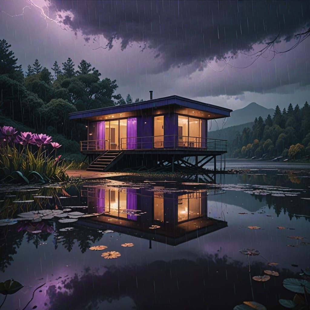 Sleek Cabin Over Lotus-Filled Lake in Futuristic Storm