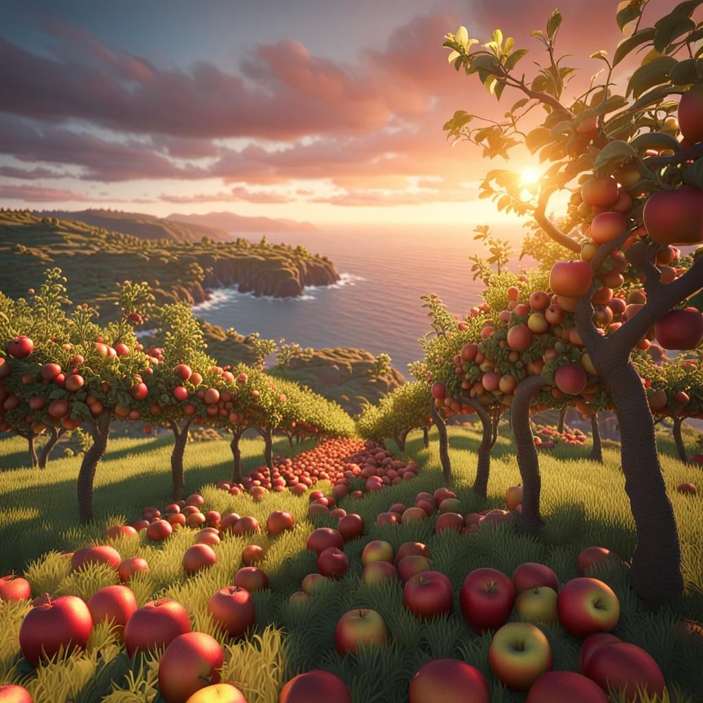 Apple Orchard Sunset: Hyper-Detailed Digital Painting