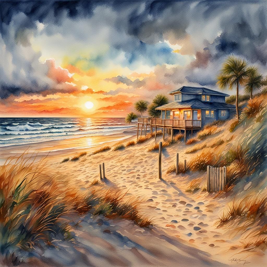 Impressionistic Watercolor Sunset Beach Masterpiece