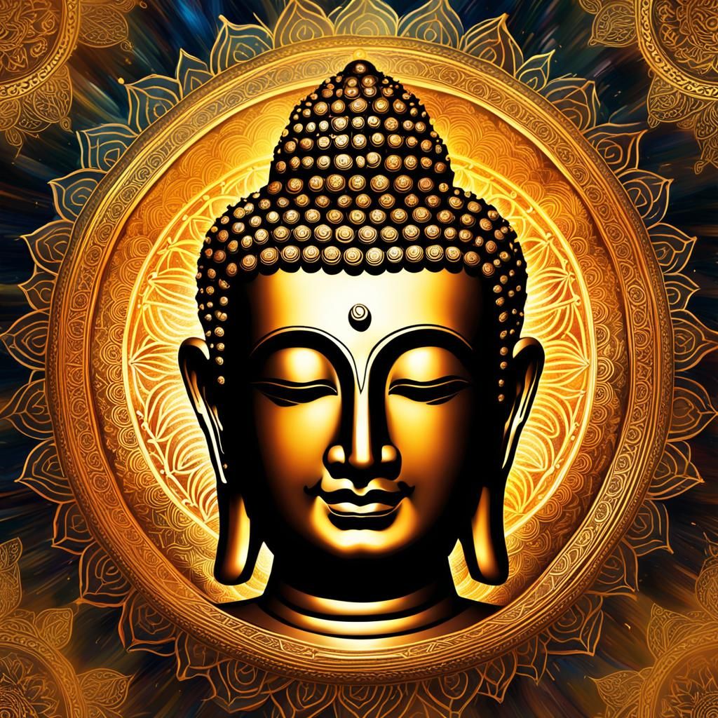 Buddha's Serene Face with Golden Mandala, Holographic Illust...