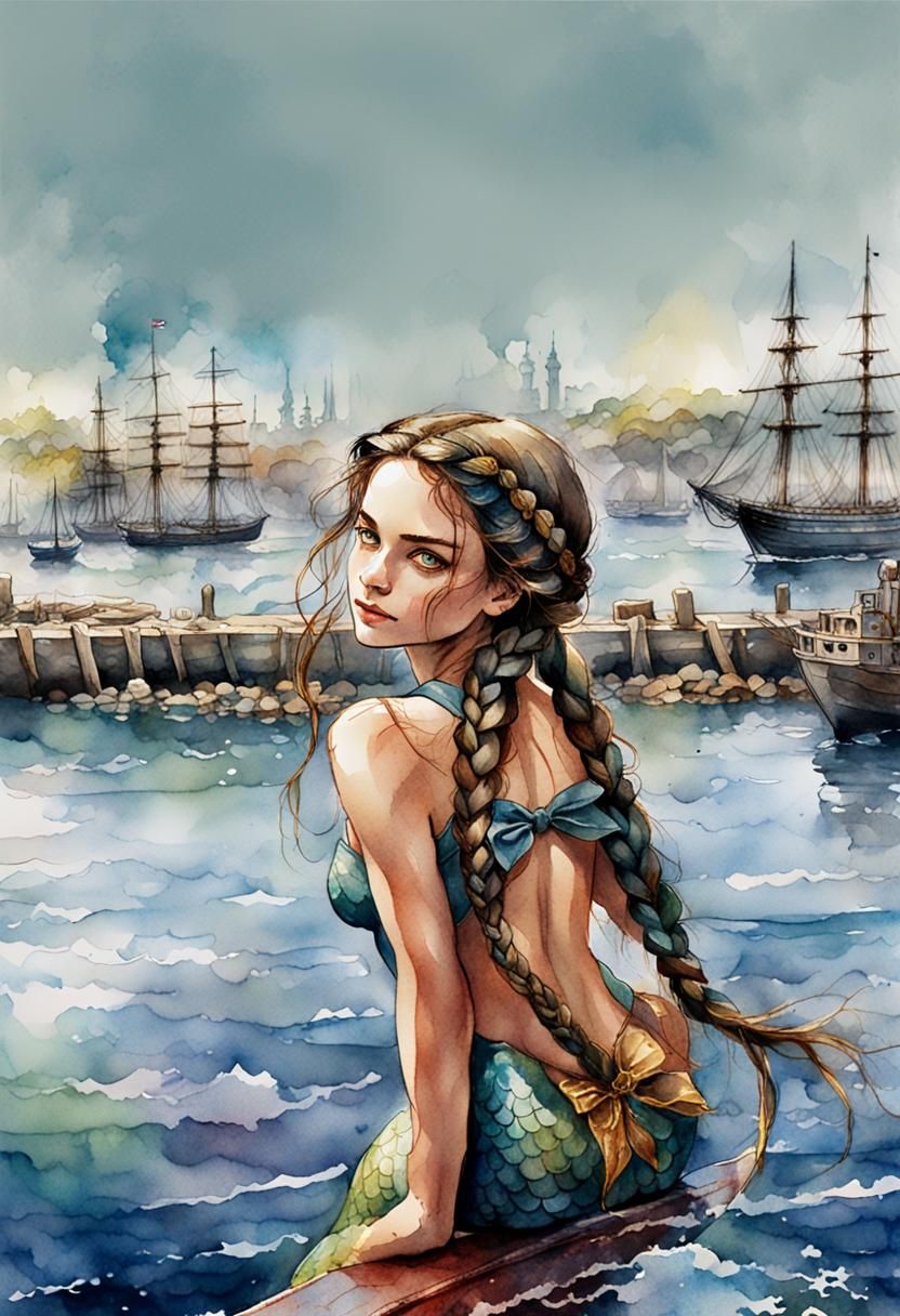 Brunette Mermaid in Harbor, Comic Book Style