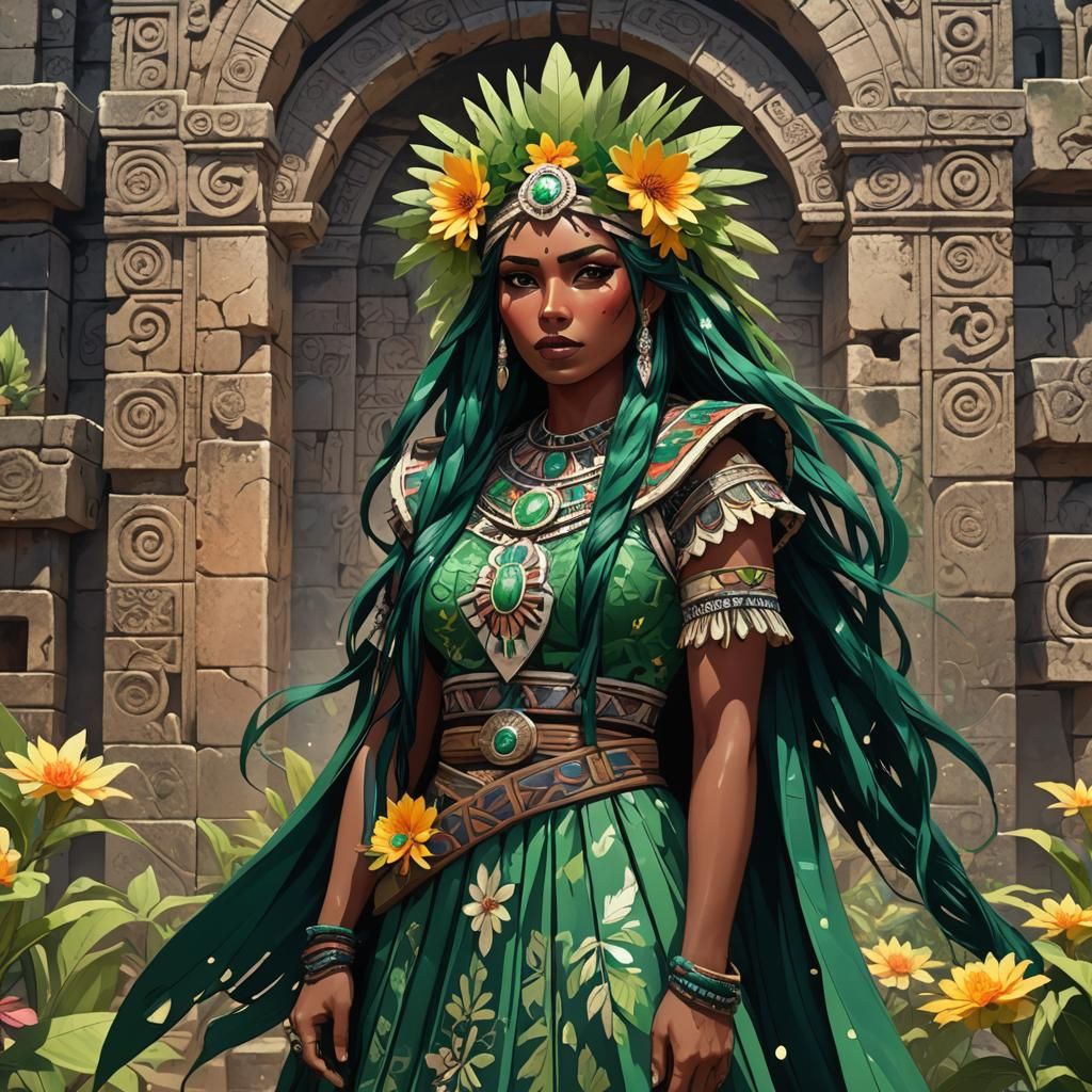 Mesoamerican Woman with Obsidian Sword in Anime Style