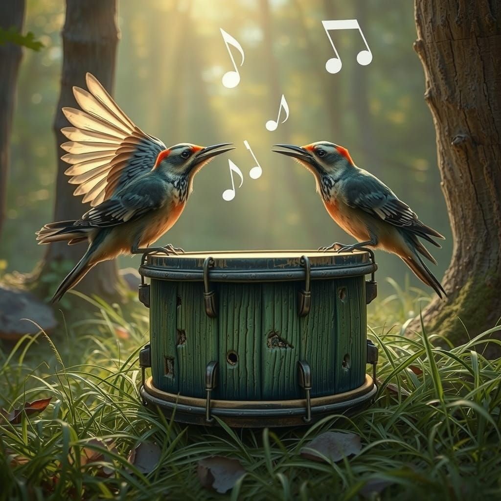 Hyper-Realistic Woodpeckers Perform on Vibrant Drum
