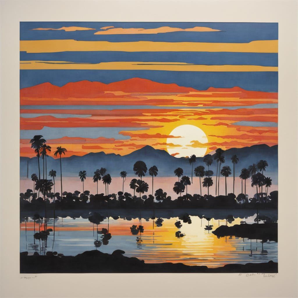 Vibrant Sunset Painting in Peter Blake Style