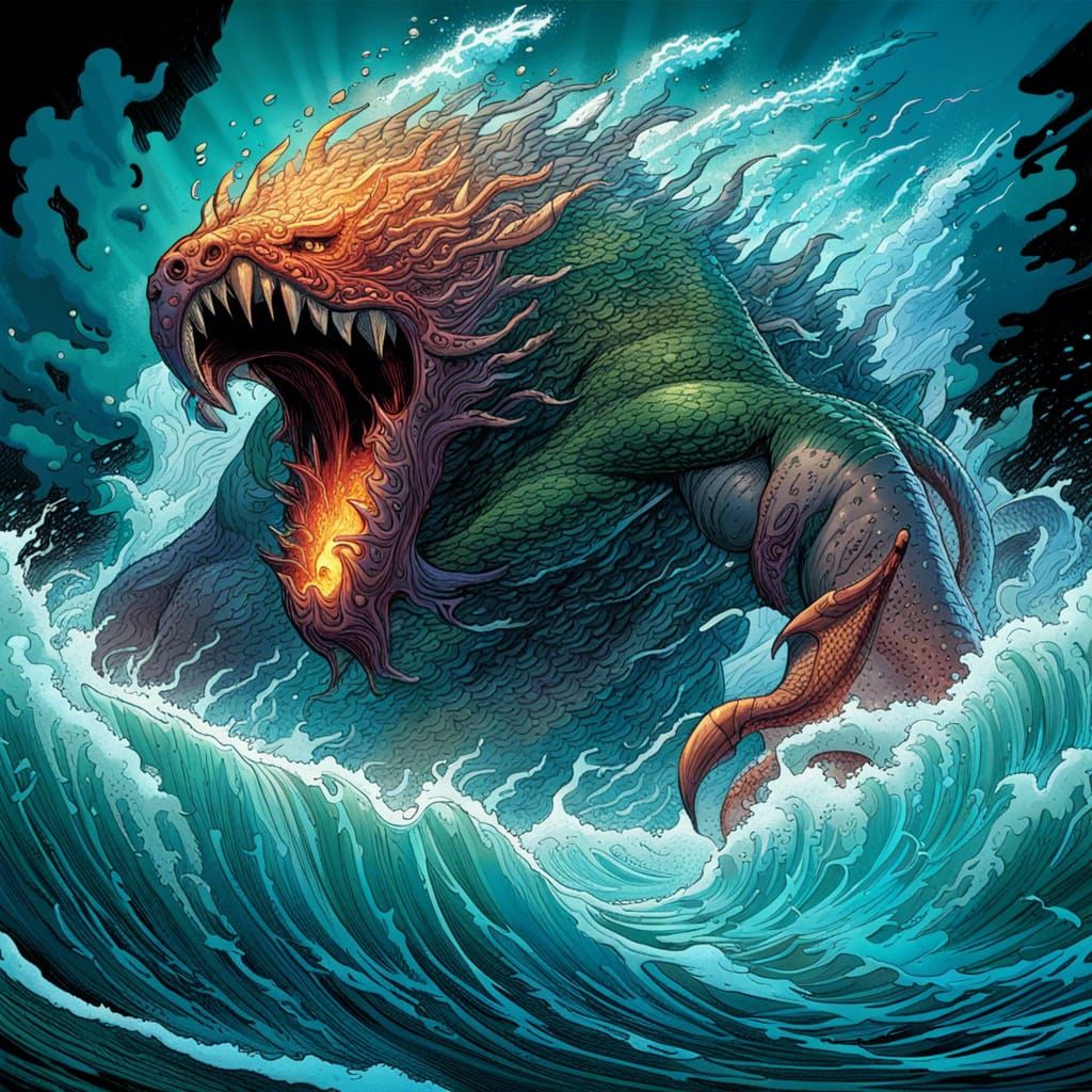 Hyperrealistic Sea Monster Eruption at Night