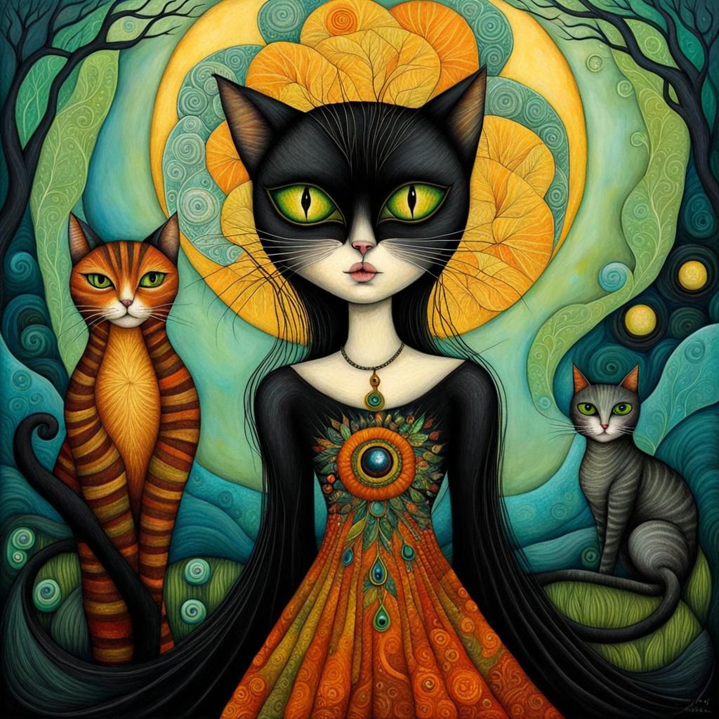 Dreamlike Cat-Woman in Art Brut Style