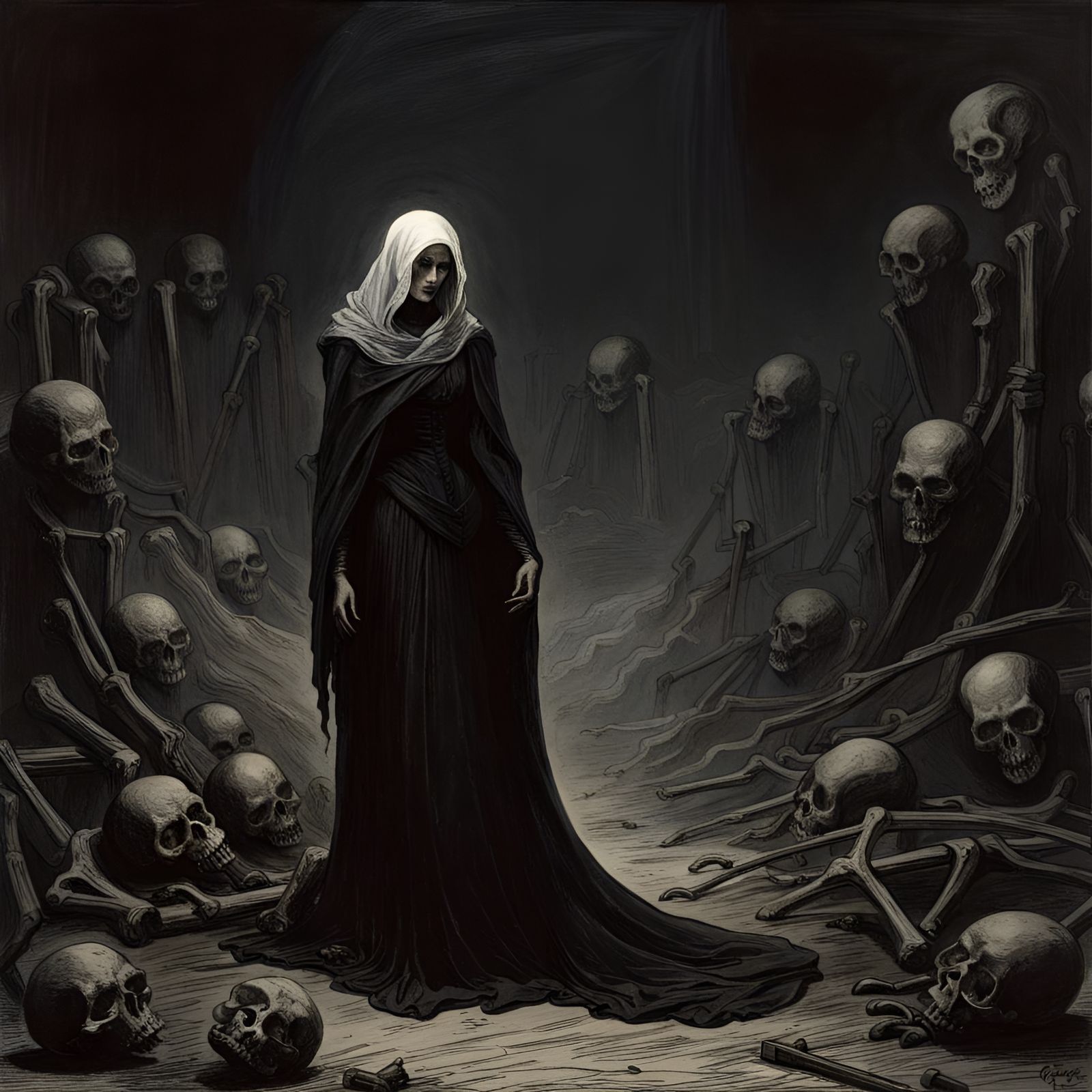 Pale, Eyeless Woman in Black: Horror Art
