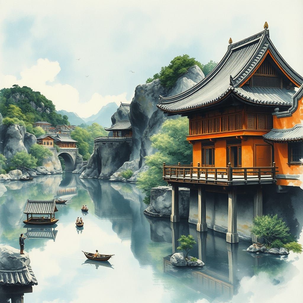 Asian Landscape: Hyperdetailed Gouache Charcoal Drawing