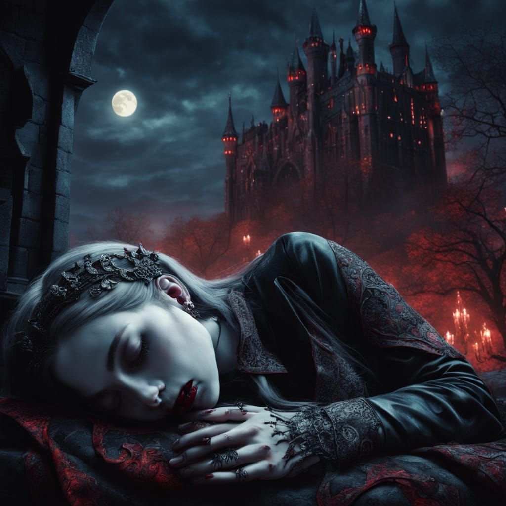 Gothic Vampire Sleeping in Moonlit Castle