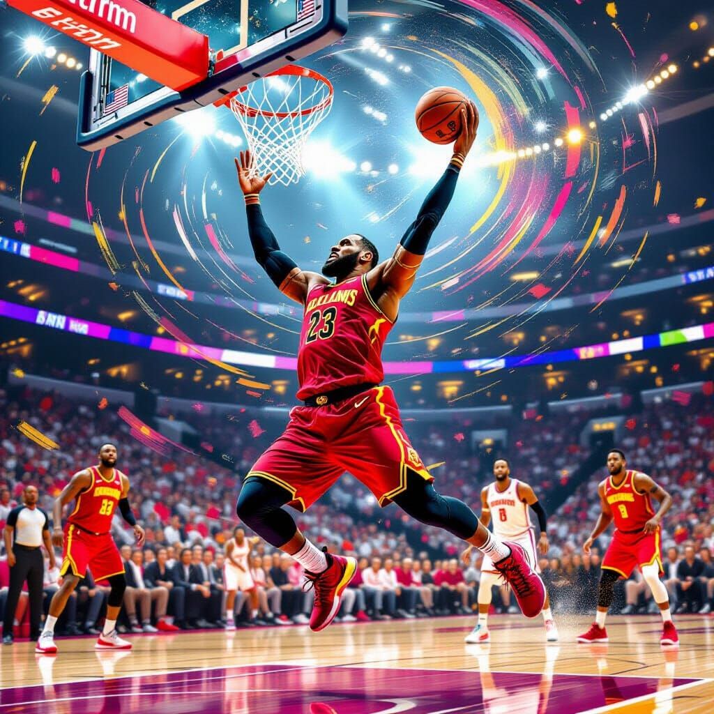 LeBron James Slam Dunking in Energetic Digital Painting Styl...