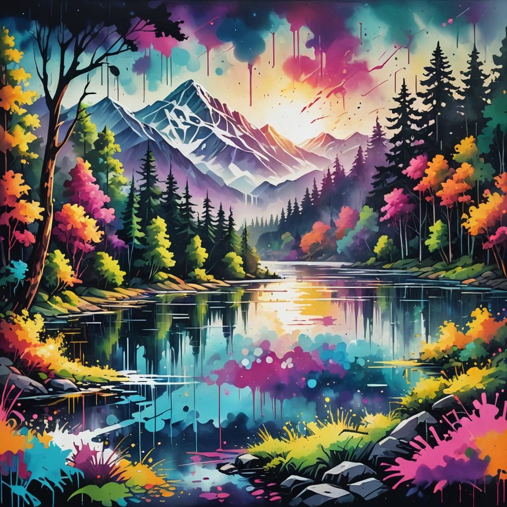 Pixelated Graffiti Landscape with Vibrant Spray Paint