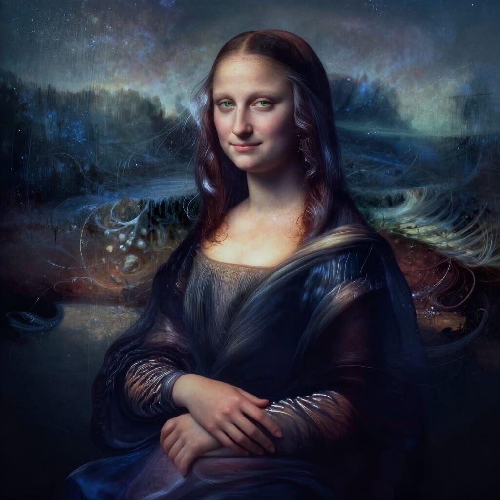 Cosmic Mona Lisa: Woman in Nebula with Silver Tattoos