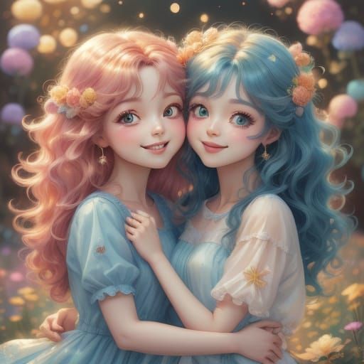 Affectionate Dolls Hugging in Vibrant Digital Painting Style
