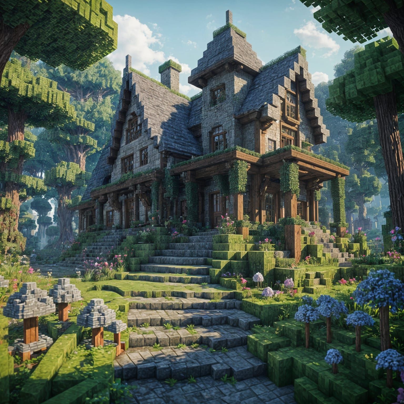 Majestic Dark Fantasy Woodland Mansion in Minecraft Style