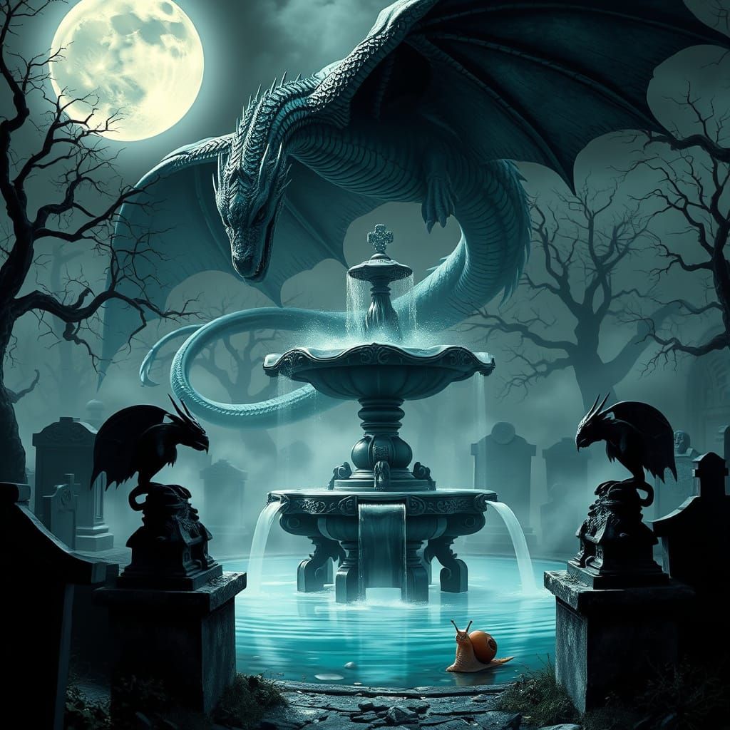 Gothic Graveyard Fountain with Dragon in Dark Fantasy Style