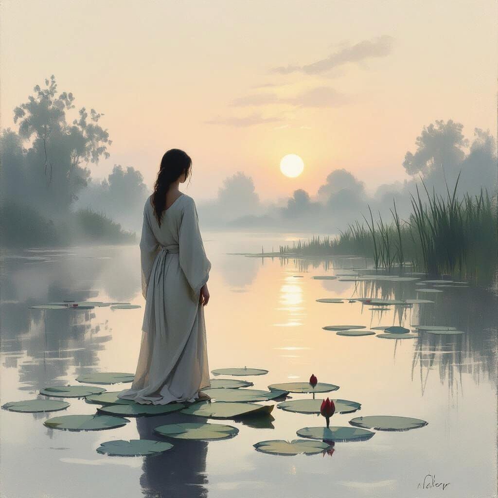 Woman on Lily Pad at Dawn in Impressionist Style