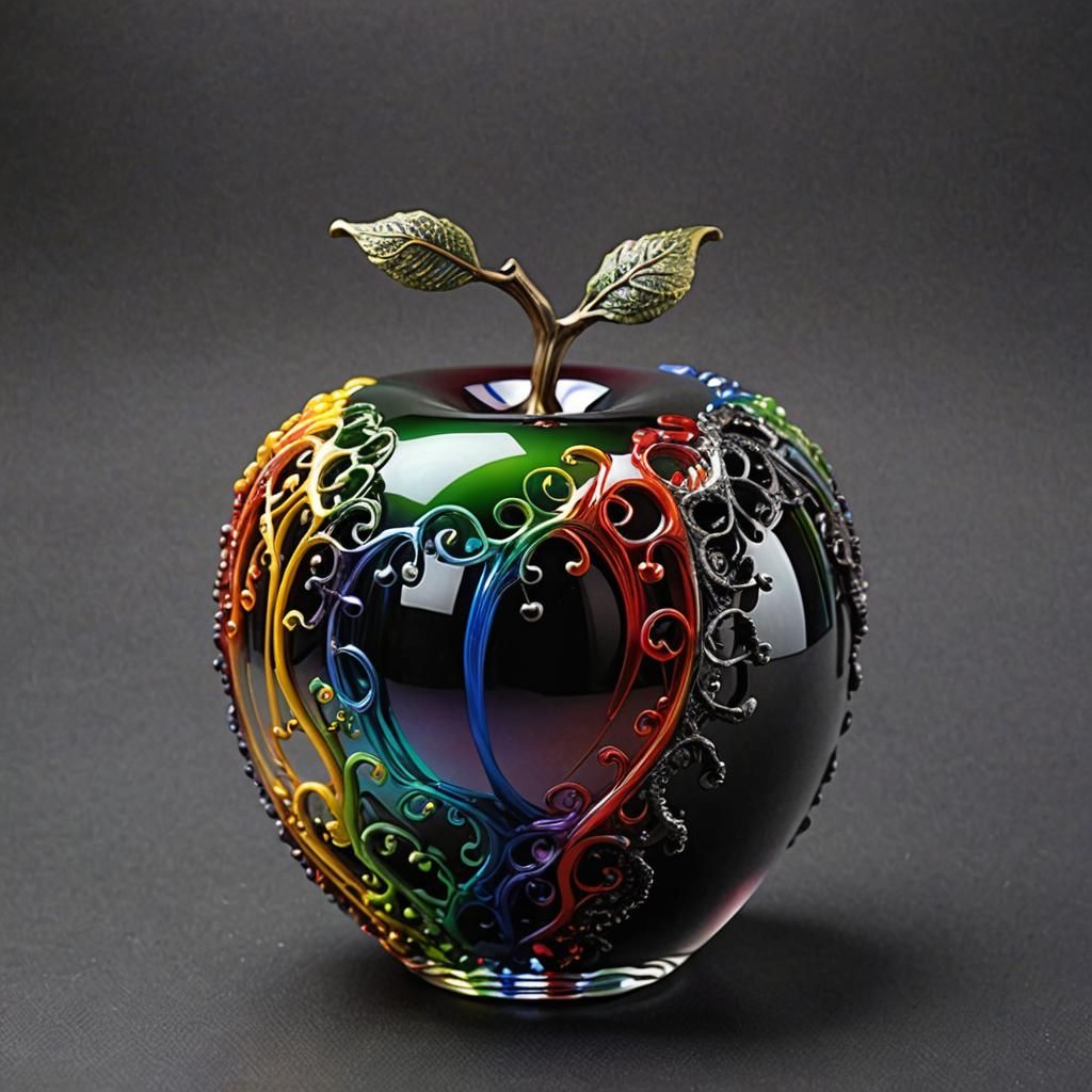 Hyper-Realistic Rainbow Glass Apple in Tim Burton Style