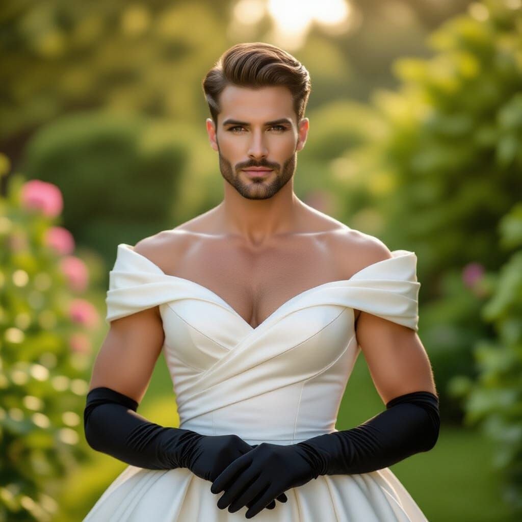 Man in Dress: Glamorous Garden Fashion Portrait