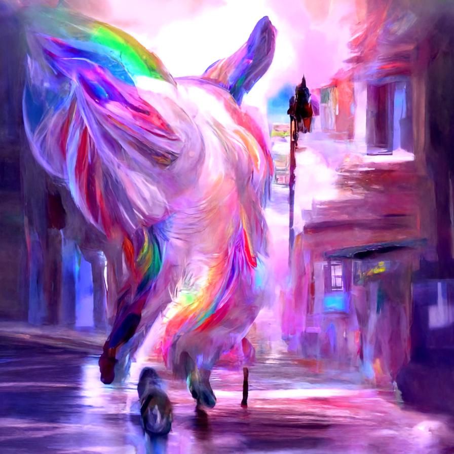 Rainbow Unicorn Runs Through Empty Street: Impressionism