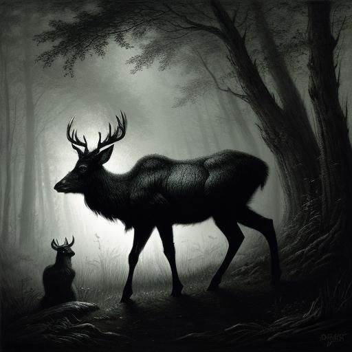 Nightmare Deer in Dark Forest, Horror Style