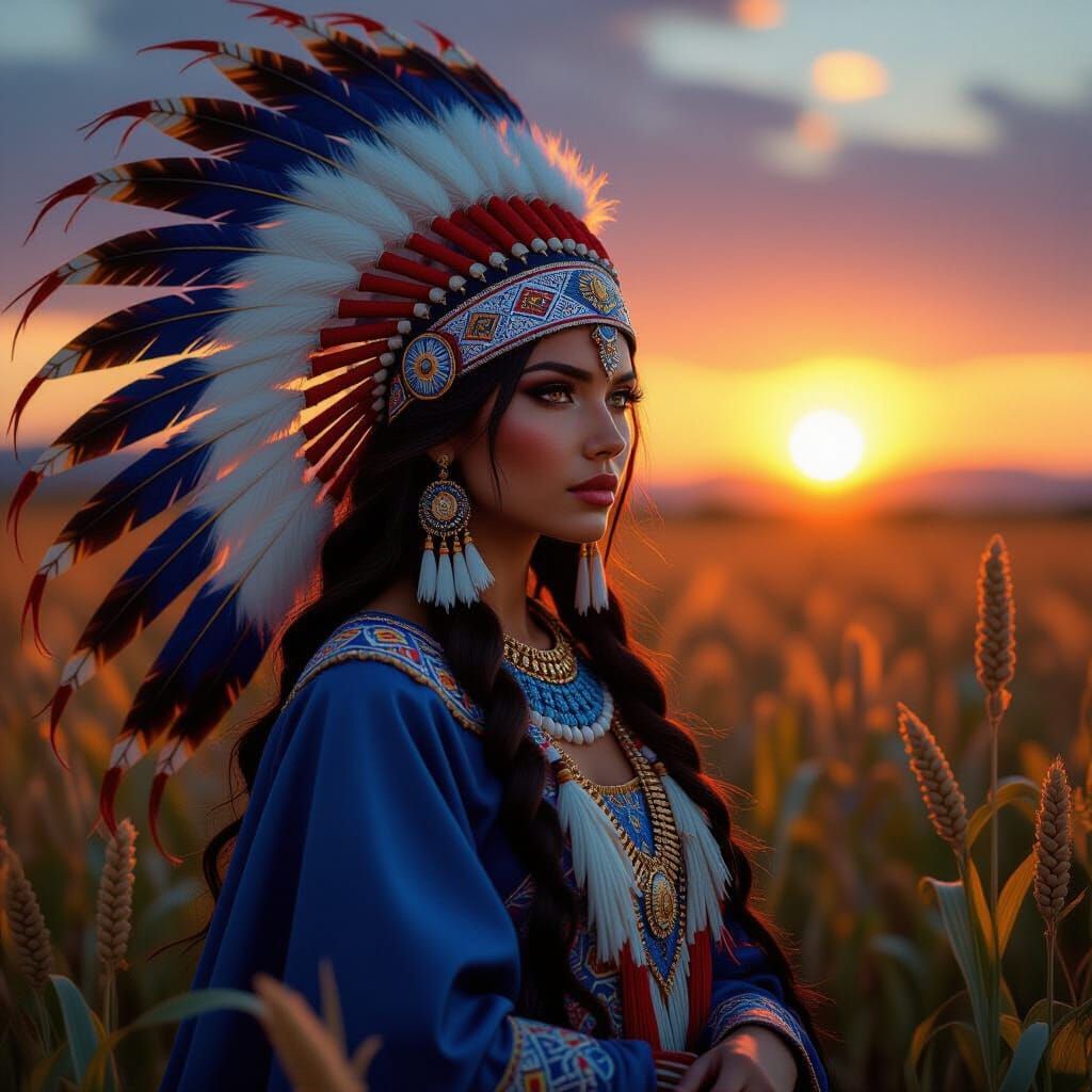 Native Blue Corn Goddess in Golden Hour Sunset, Fantasy Art