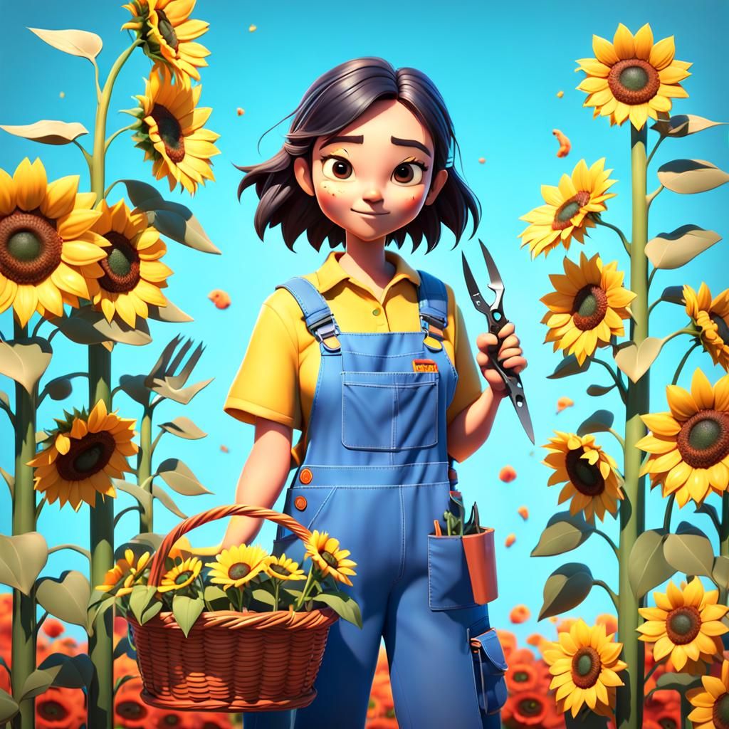 Woman Gardener with Flowers: 3D Digital Art