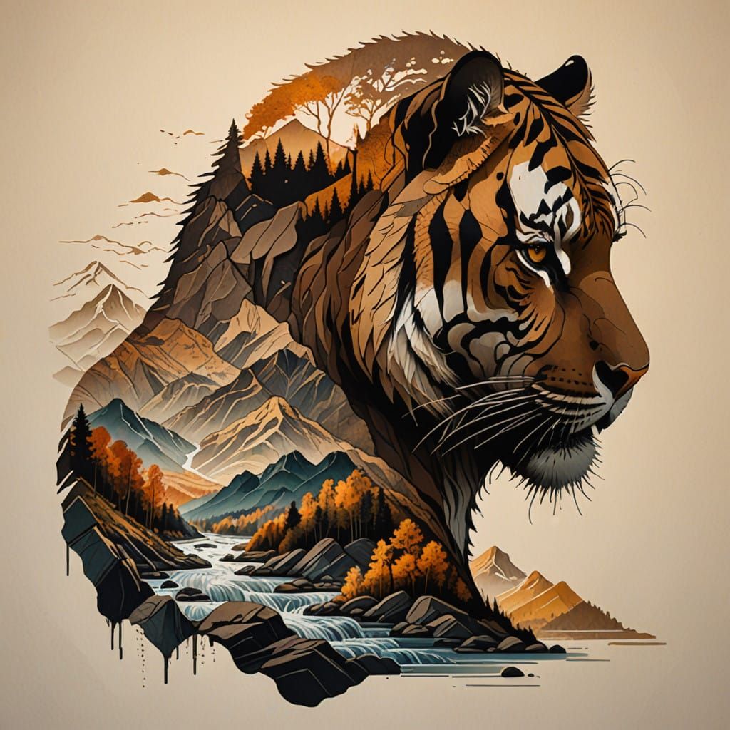 Elegant Tiger Silhouette Amidst Autumn Mountain Panorama