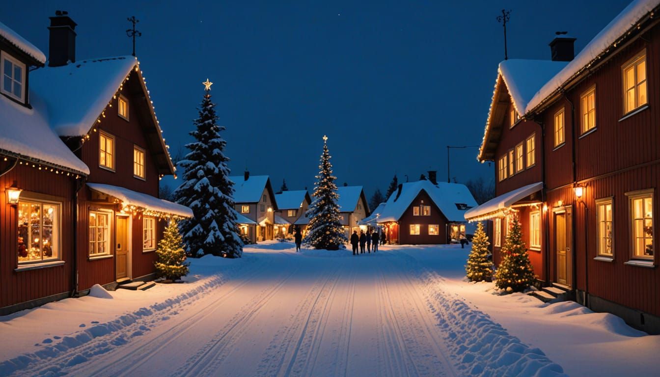 Winter Wonderland Christmas Scene in a Swedish Village