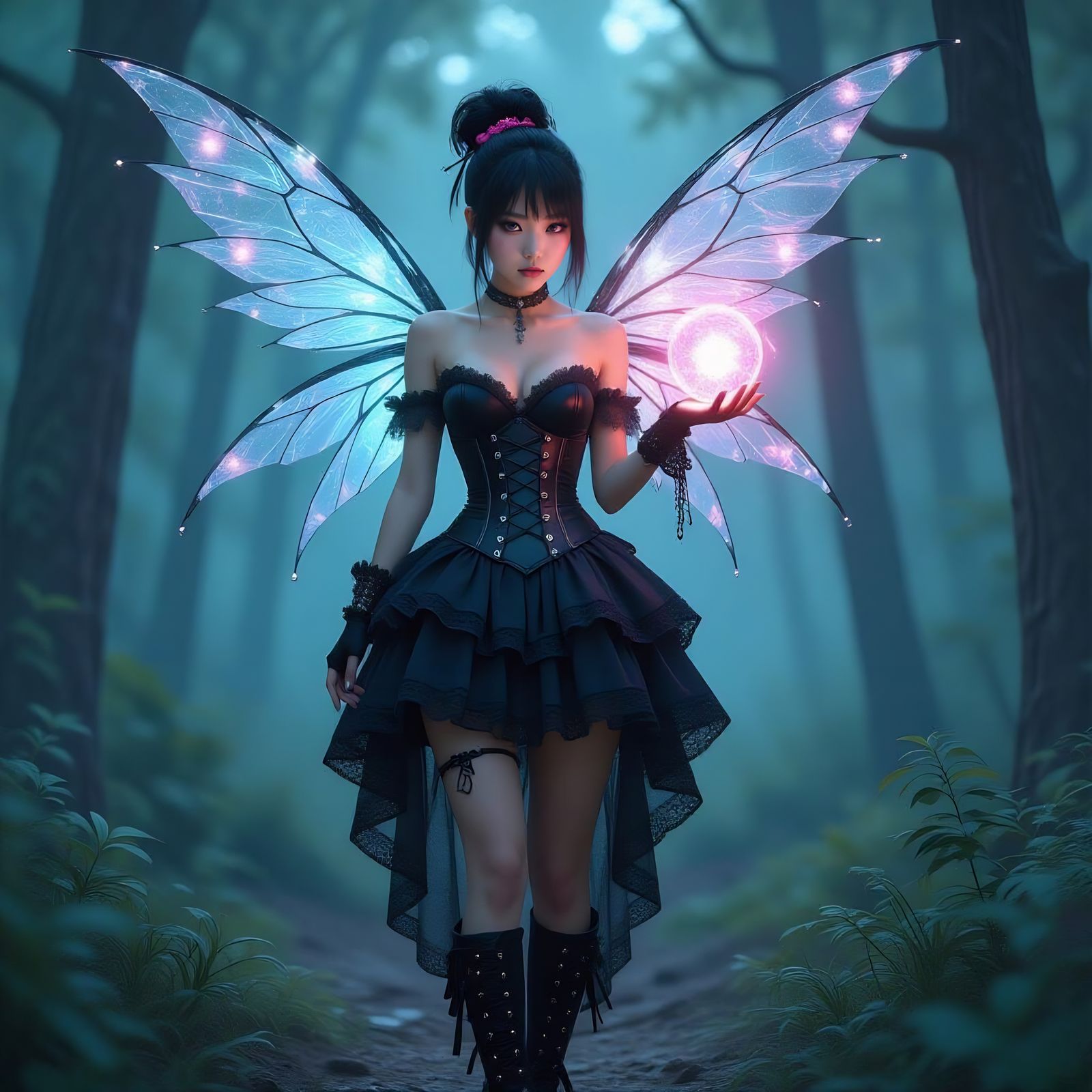 Emo Fairy with Glowing Orb in Ethereal Forest