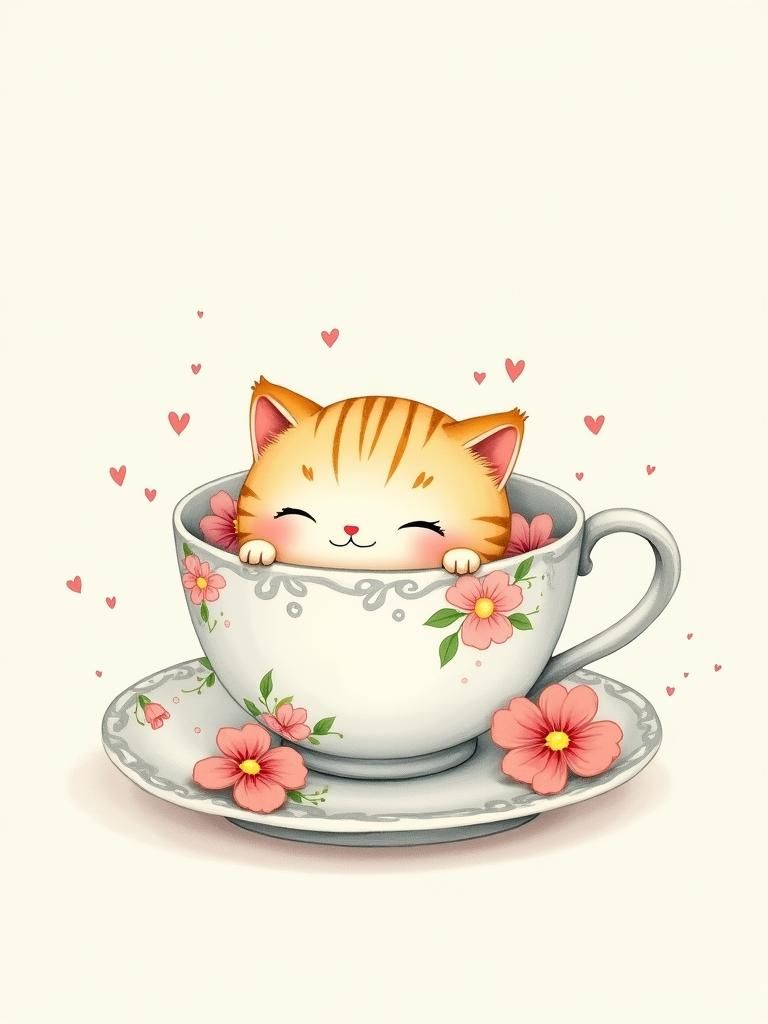 Chibi Cats in Cups: Kawaii Manga Watercolor Art