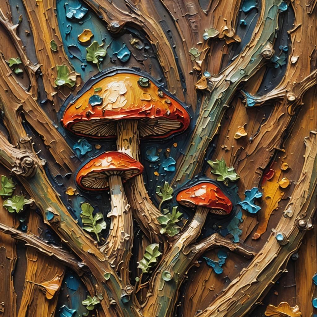 Mushroom on Wood in Expressionist Impasto Style
