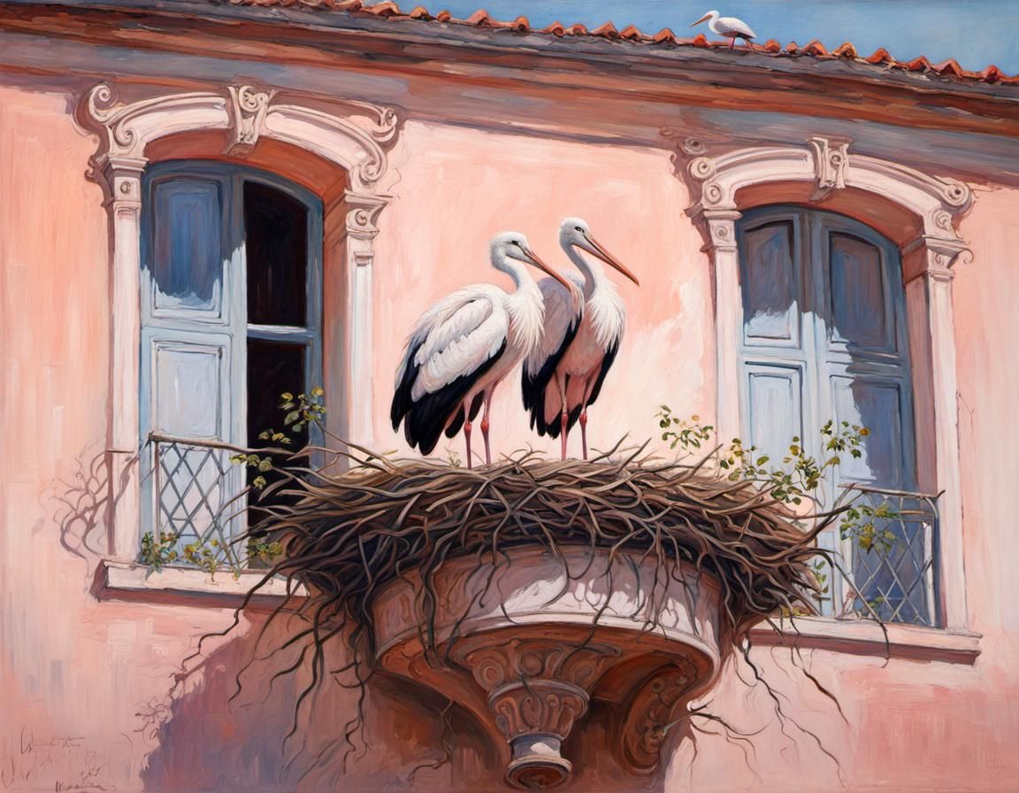 Storks Nesting on Abandoned Palace Balcony