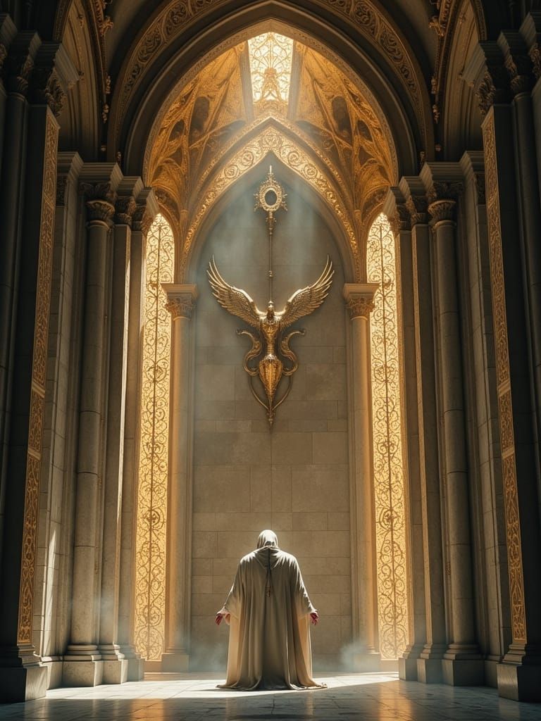 Figure Kneels Beneath Arches with Golden Wings