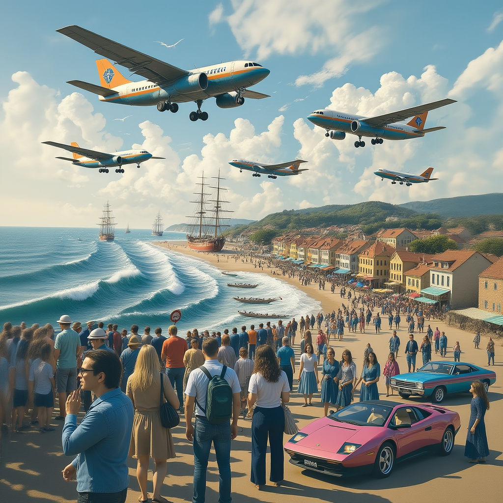Coastal Scene: Historical Ships and Modern Airplanes