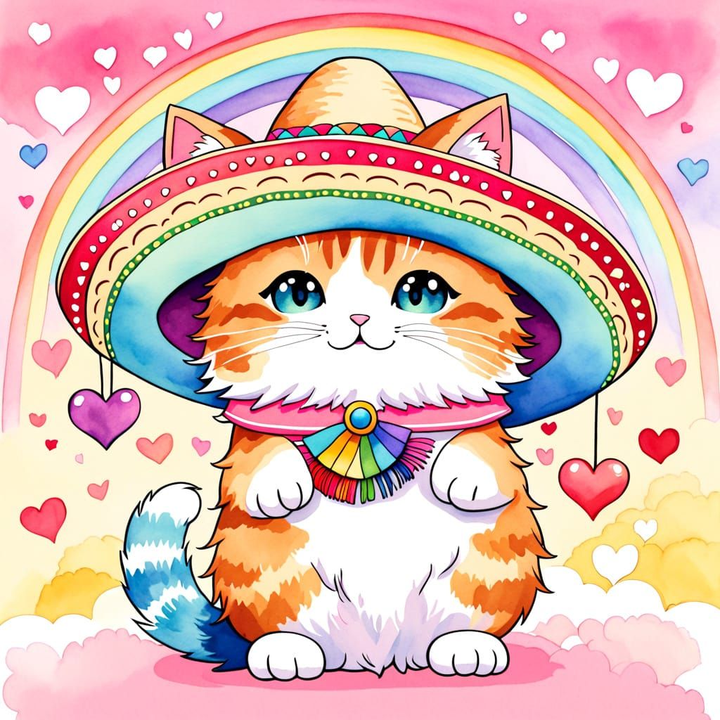 Whimsical Chibi Cat in a Vintage Watercolor Dream