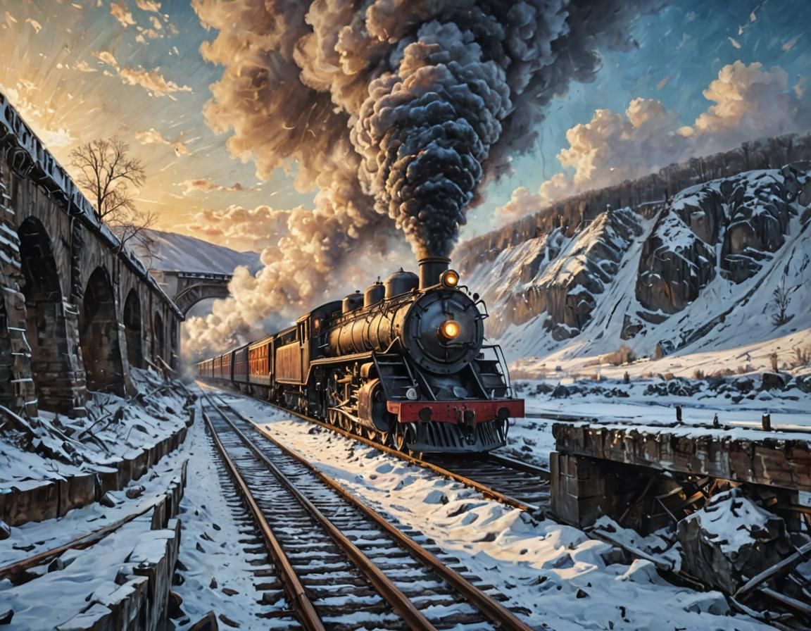 Steam Locomotive Over Snowy Bridge: Acrylic Painting