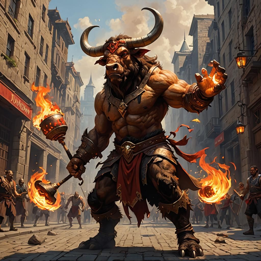 Minotaur Fire Juggler in DnD City