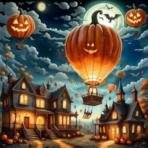 Surreal Hot Air Balloon Over Haunted House