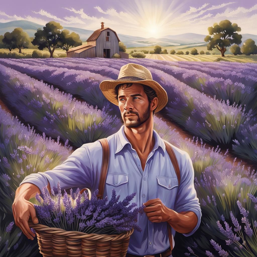 Handsome Farmer in Vast Lavender Garden, Hyperrealistic