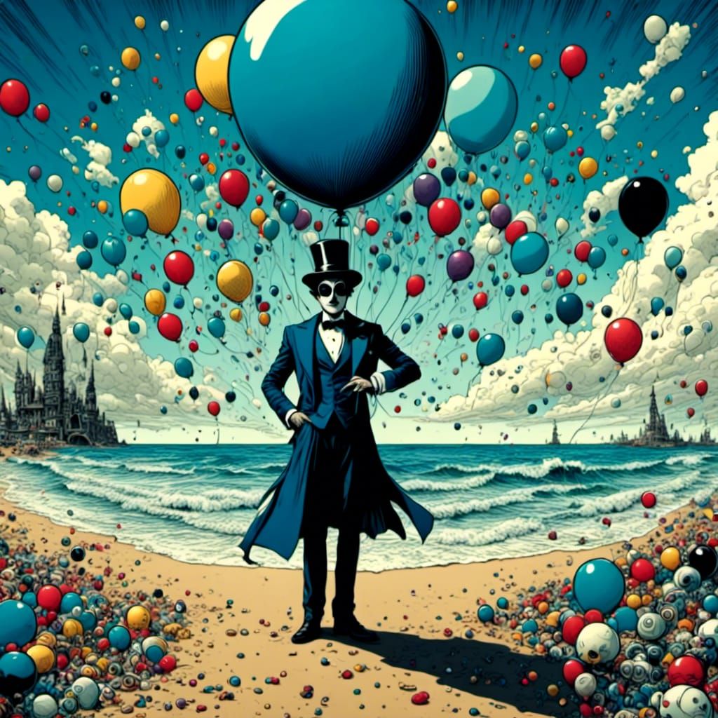 Comic Book Person with Balloon Head on Beach