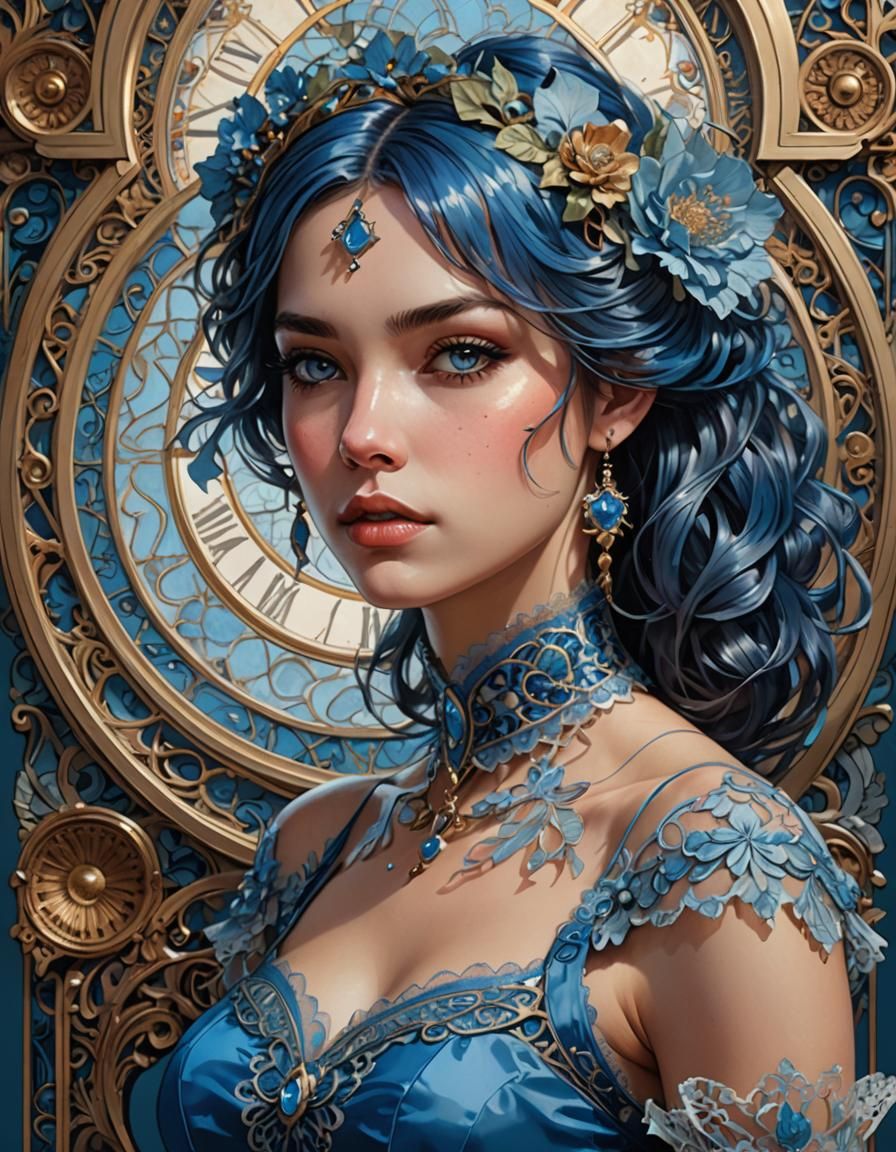 Ornate Portrait of Woman in Blue Stockings