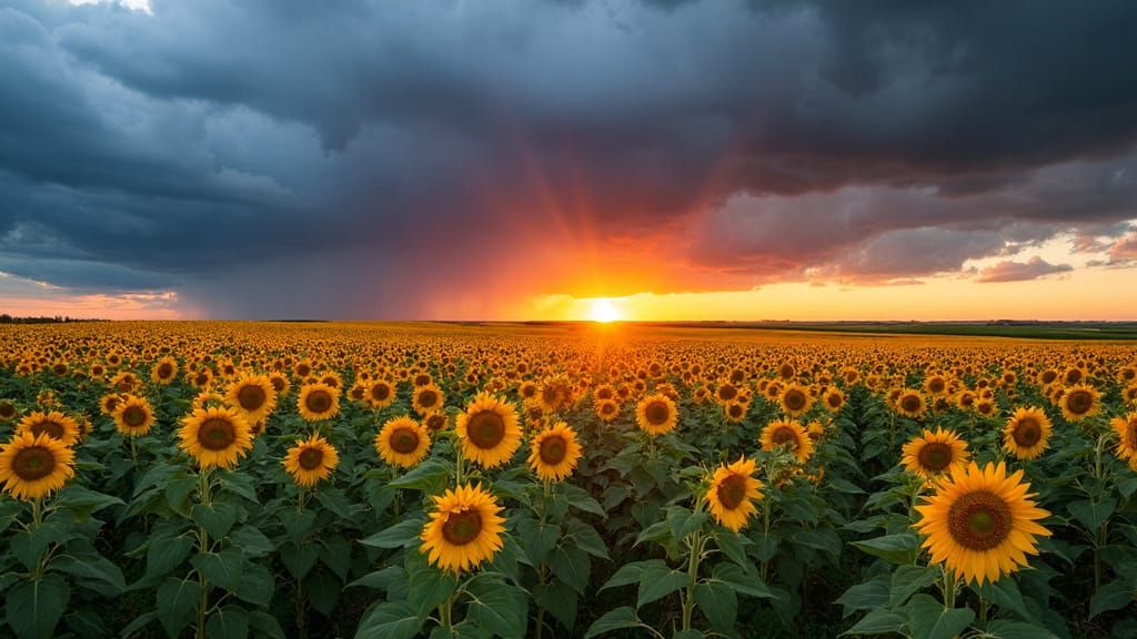 Kansas Sunflower Field at Sunset Under Storm Clouds