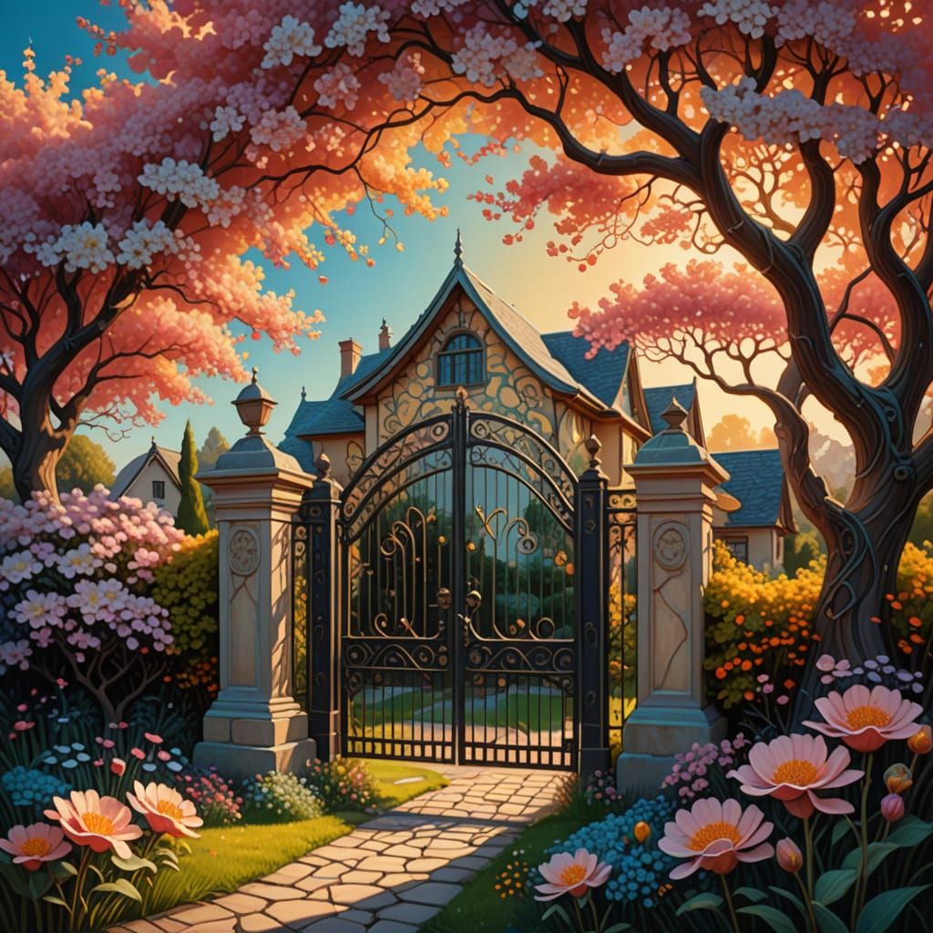 Surreal Blossom Gate in Vibrant Oil Painting