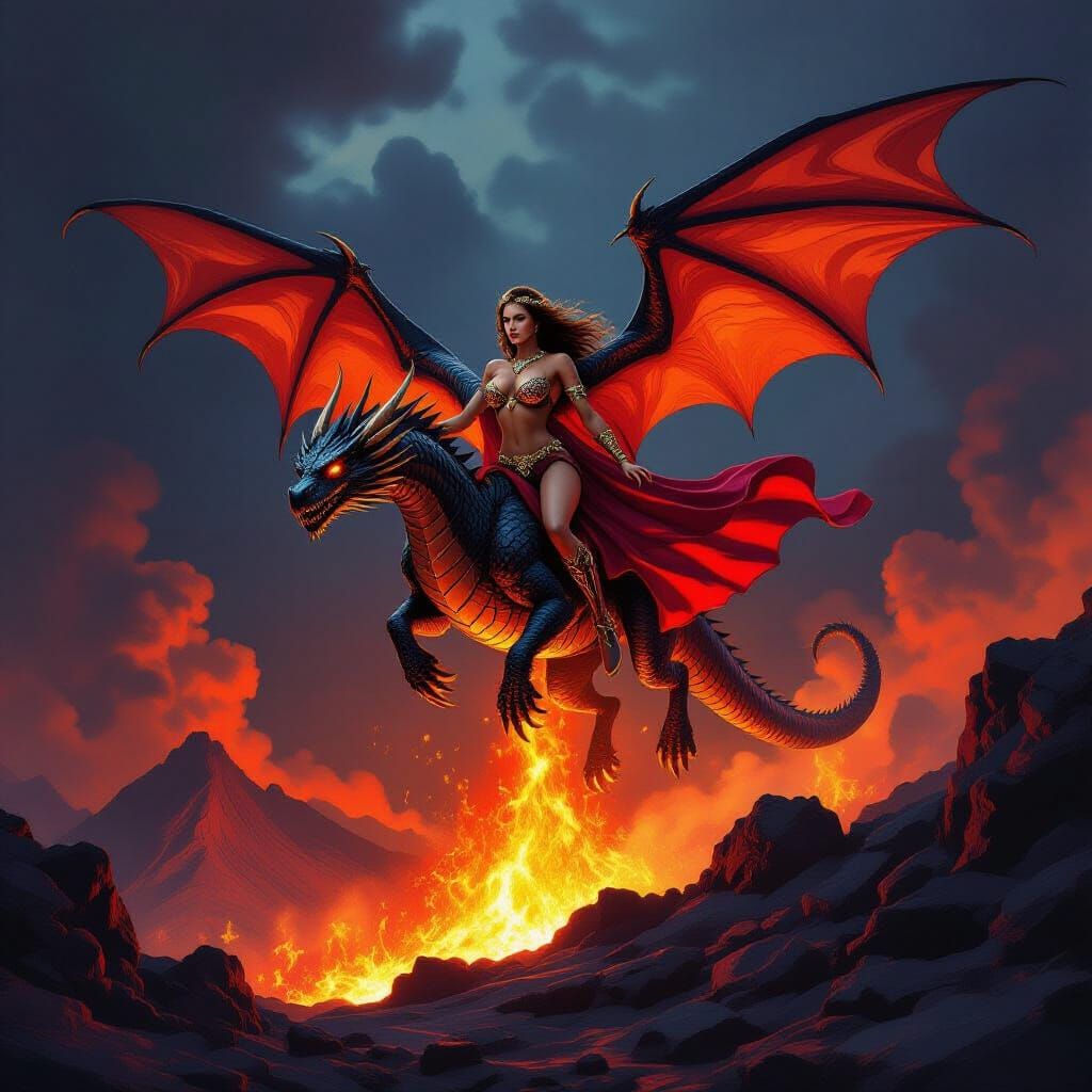 Warrior Woman Rides Dragon from Fiery Volcano