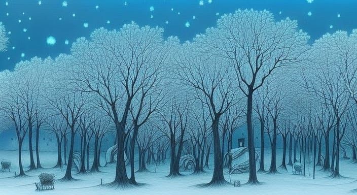 Snowy Winter Night Cityscape Botanical Drawing