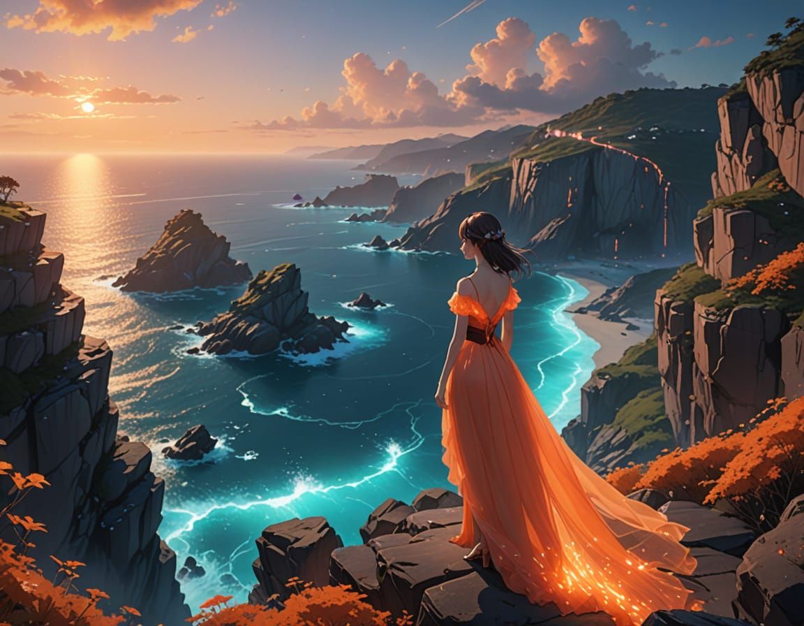 Woman Overlooking Bioluminescent Ocean in Anime Style