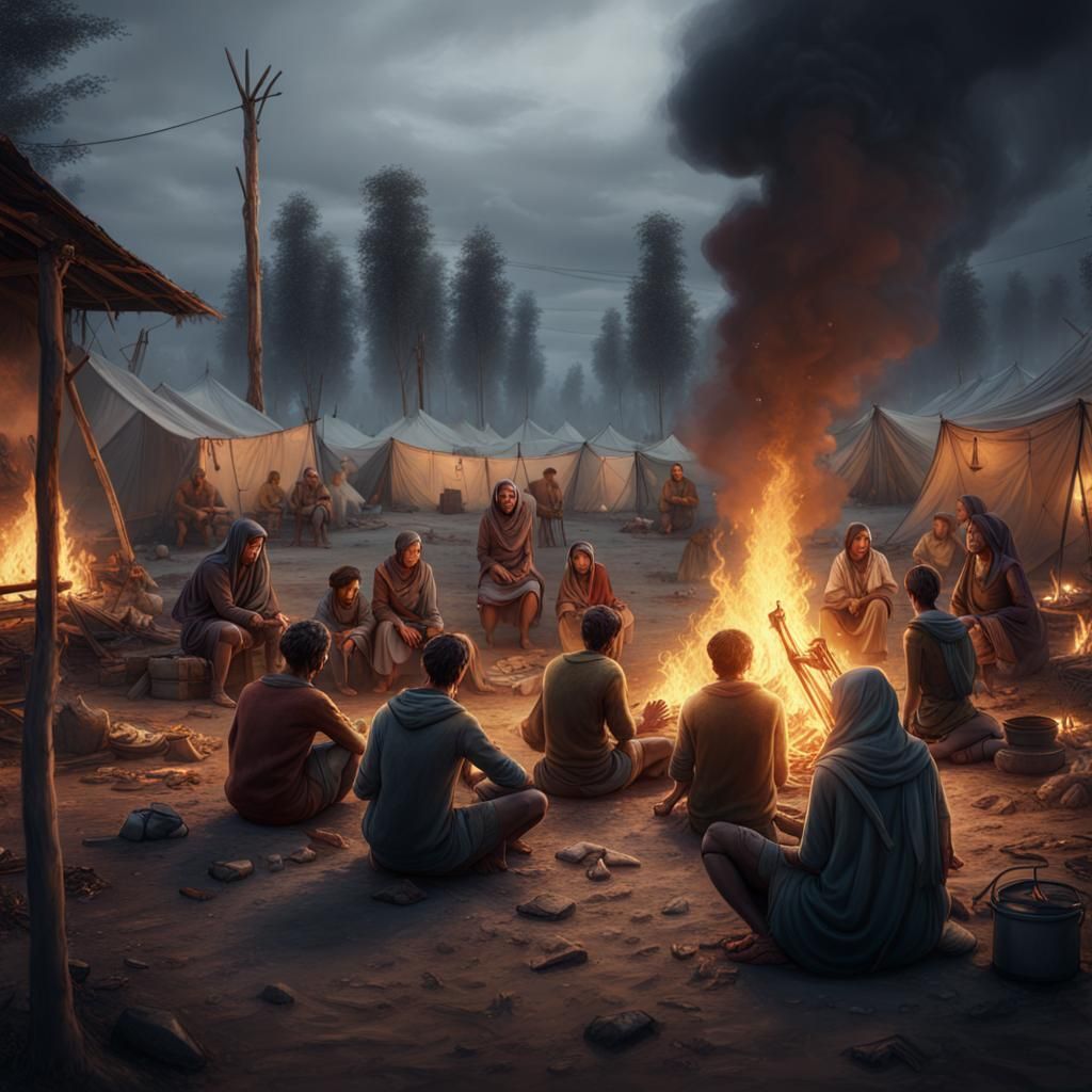 Refugees Campfire: Detailed Matte Painting