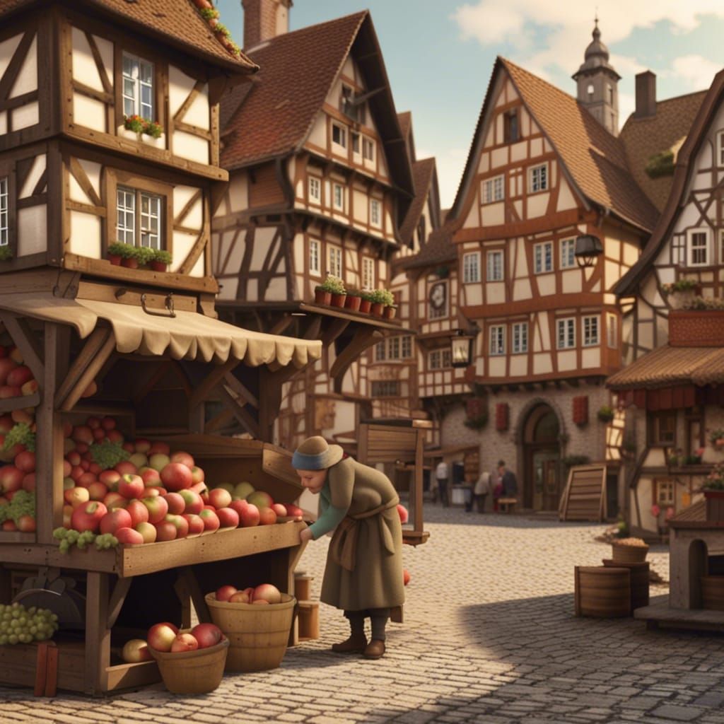 Boy Steals Apple from Farmer in Medieval Town