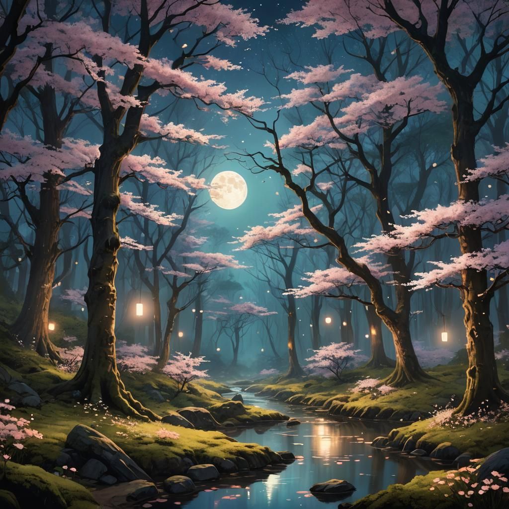 Mystical Forest Moon Glow: Japanese Concept Art